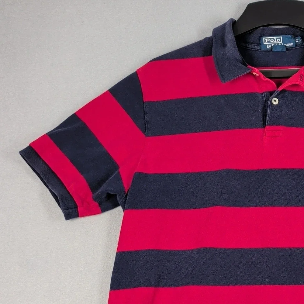 Polo Ralph Lauren Polo Shirt Mens‎ XL Red Navy Blue Striped Cotton Short Sleeve